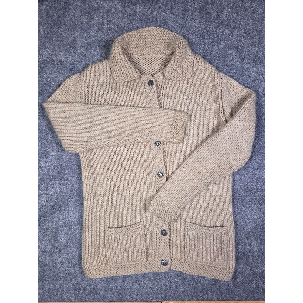 Vintage Hand Knit Cowichan Style Wool Cardigan Thunderbird Buttons Womens L